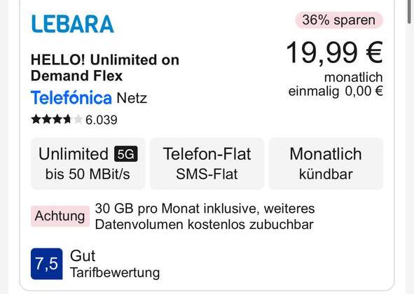 LEBARA HELLO! on Demand Flex auf Check24