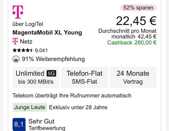 MagentaMobil XL Young via LogiTel auf Check24