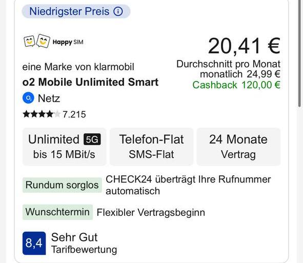 o2 Mobile Unlimited Smart via klarmobil auf Check24