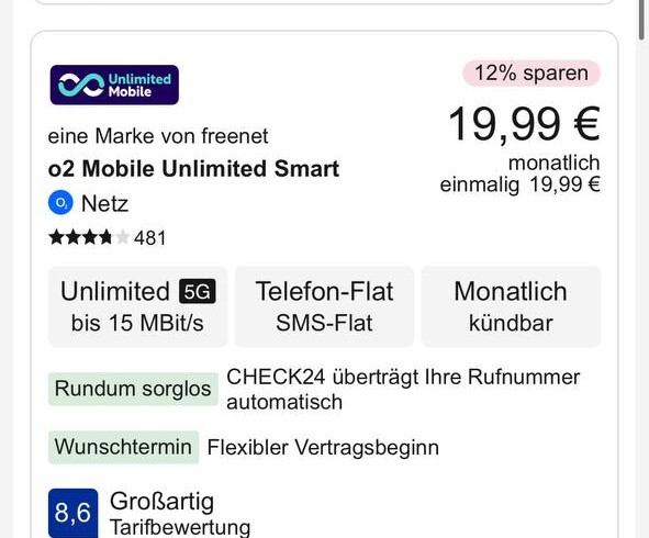 o2 Unlimited Smart monatlich auf Check24