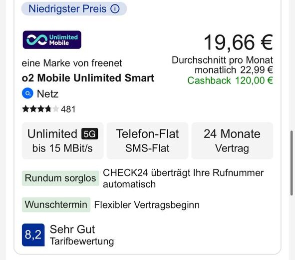 o2 Unlimited Smart 24M Niedrigster Preis